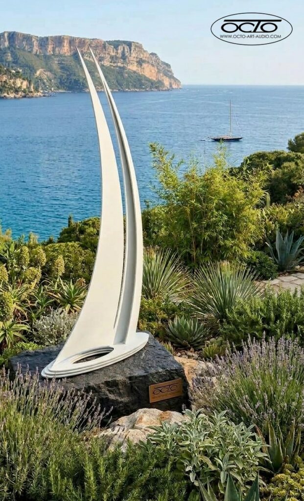 Sculpture d'art nautique grand format OCTO 1600s dans un jardin méditerranéen surplombant la mer avec voilier au large.