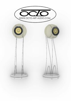 Vue d'ensemble sur le concept architectural de l'OCTO 300, une enceinte sphérique qui défie la gravité pour une clarté sonore absolue. Design conceptuel des enceintes sphériques artisanales OCTO 300 en version suspendue, création haut de gamme par Octo Art Audio.